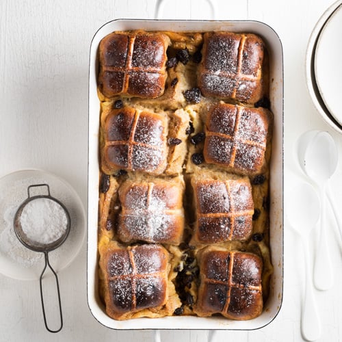 Hot cross bun bread and butter pudding
