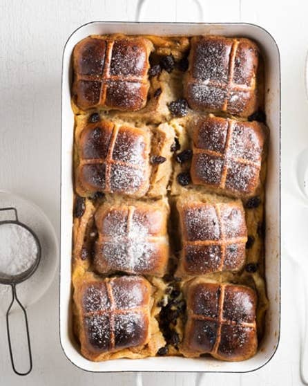 Hot cross bun bread and butter pudding