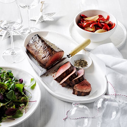 Balsamic and soy beef with charred capsicum and shallots