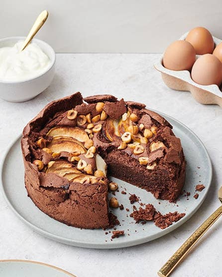 Sunken chocolate, apple and hazelnut cake