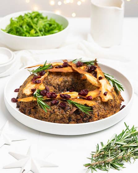 Vegan nut roast with candied parsnips