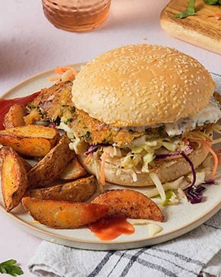 Crumbed beef schnitzel and slaw burgers